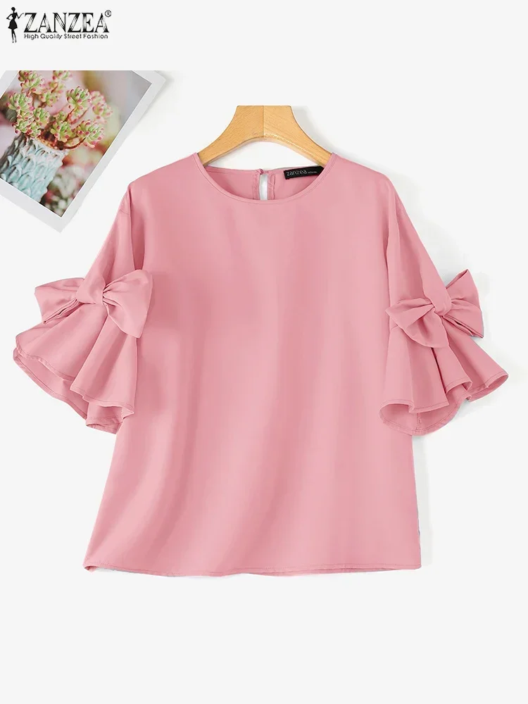 ZANZEA 2025 Summer Women Elegant Tops Bow Tie Ruffles Chiffon Blouse Lantern Short Sleeve Shiirt Vintage Patchwork Korean Tunic