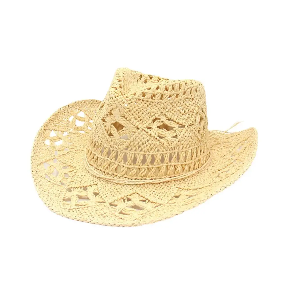 Summer Outdoor Men Women Hand-woven Western Cowboy Hats Jazz Wide Sun Breathable Beach Cap Paper Protection Hat Brim Straw G8F5