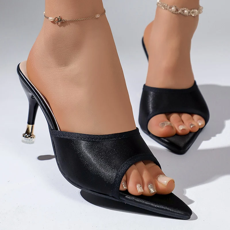 

Женские черные босоножки с острым носком на высоком тонком каблуке, лето 2026, элегантные шелковые босоножки на тонком каблуке, женские туфли для вечеринок больших размеров до 43