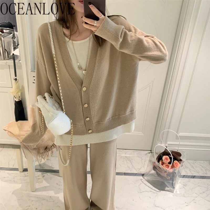 OCEANLOVE Pant Sets Autumn Winter Korean Fashion Knitted Fake 2 Pieces Sweaters Two Piece Set for Women Conjuntos De Pantalones