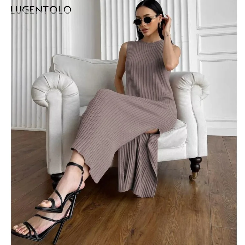 Dzianinowa sukienka damska Jesień Nowe koszule midi bez rękawów Pakiet biodra Pit Strips Slim Fits Fashion Slit Hem Elegancka odzież imprezowa