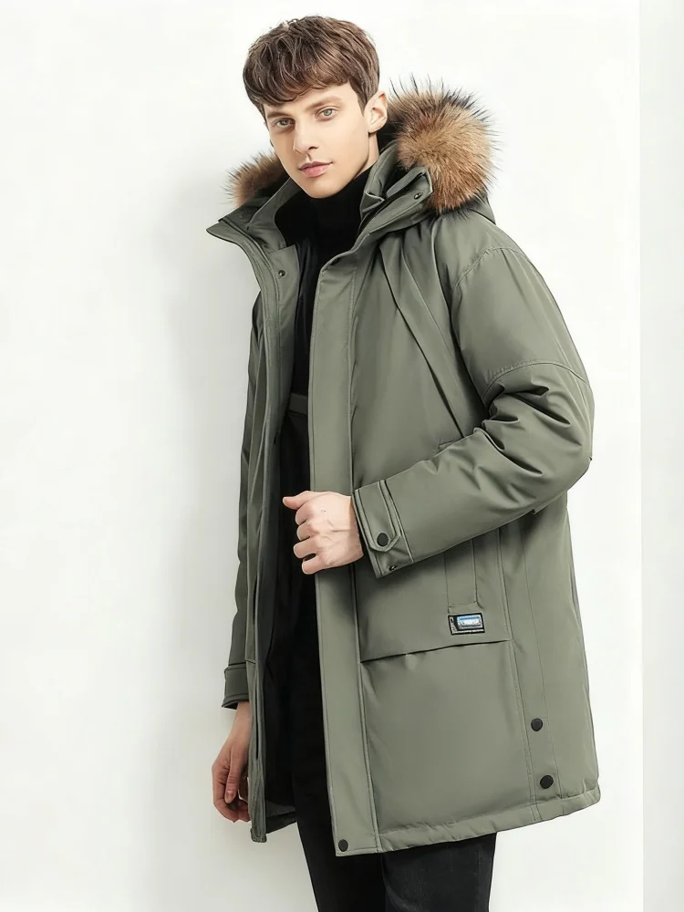 Men's Mid-Length Utility Parka - 90% White Duck Down with Faux Fur Trim, Heavyweight Thermal Insulation for Urban Winter (RDS Ce
