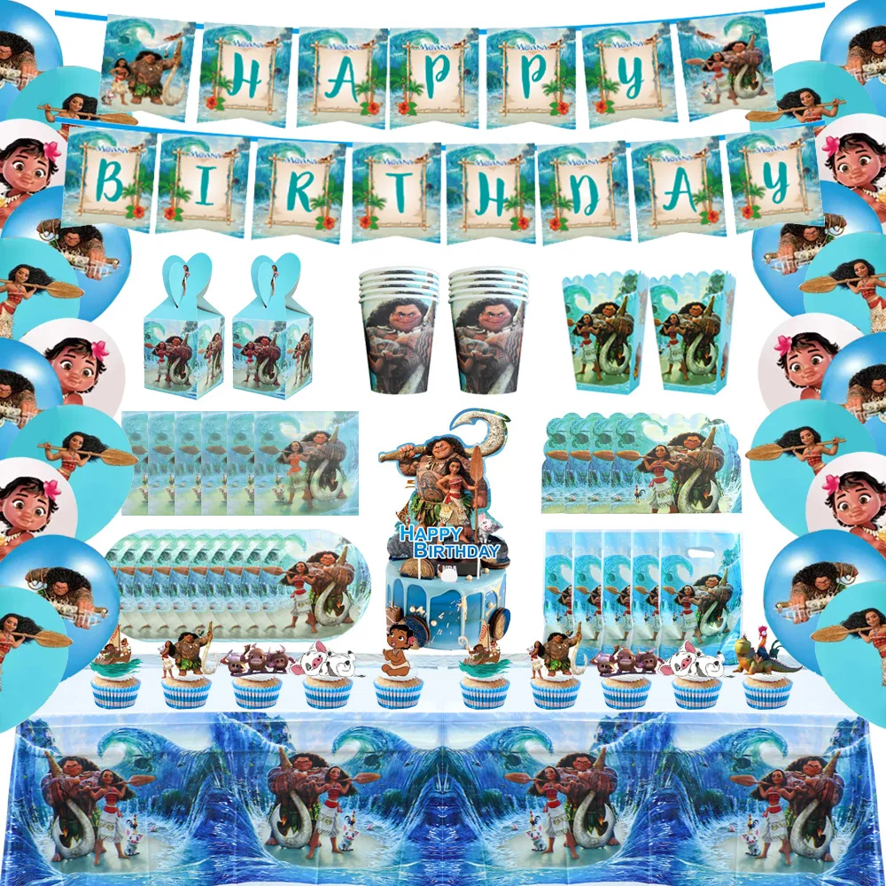 

Disney Moana Maui Birthday Party Disposable Tableware Set Moana Balloon Decoration Non woven Bag Background Paper Bag Moana