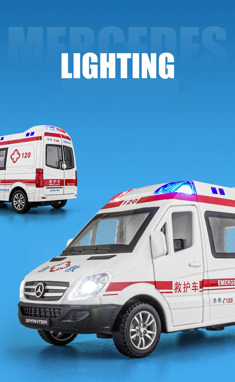 1:34 FORD Transit Alloy Ambulance Vehicles Car Model Diecast Metal Toy Broadcast Car Model Simulation Sound and Light Kids Gifts