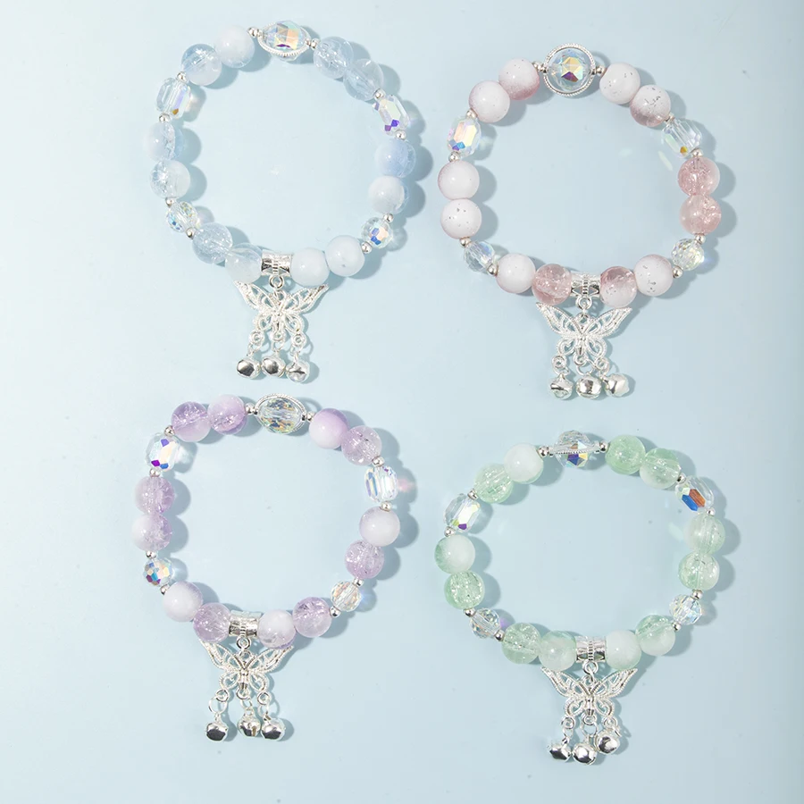 4 unids/set pulsera con dijes de mariposa y campana, pulsera elástica, pulsera de cuentas de cristal coloridas para mujeres y niñas, regalos de joyería de moda