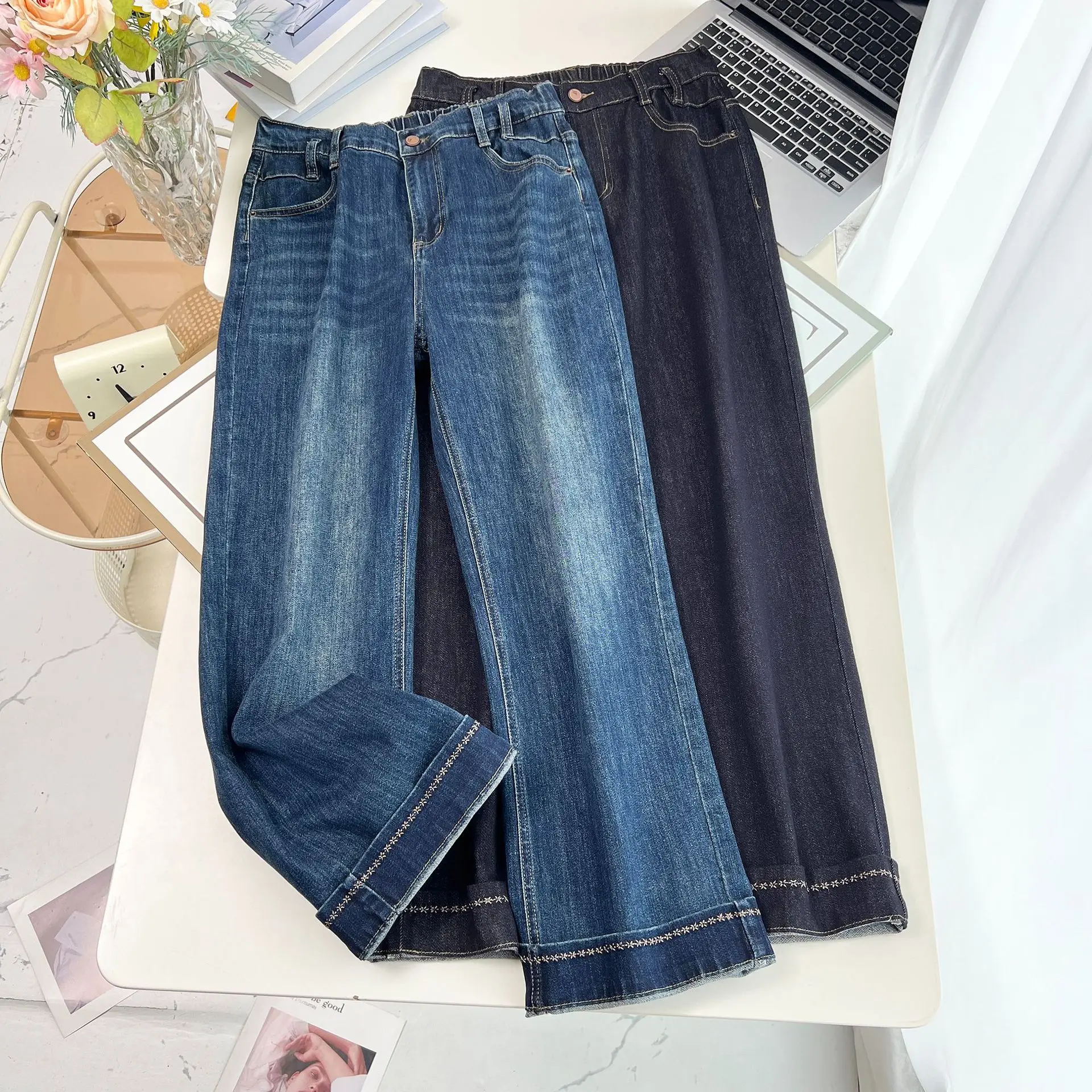 2026 Spring Autumn Plus Size Straight Jeans High Waist Elastic Waist Slim Versatile Casual Pants Curvy Ladies 8660 view 6