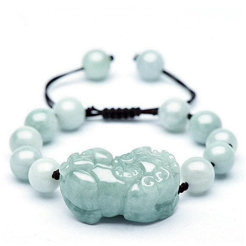 Natural Jade Burma Emerald 10mm Bead Pixiu Bracelet Adjustable Bangle Jewellery Fashion Accessories Hand-Carved Woman Customized