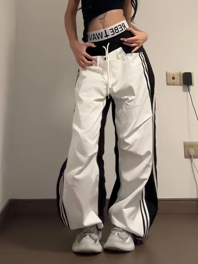 

Deeptown White Striped Pants Women Black Patchwork Wide Leg American Retro Parachute Pants Baggy Casual Jogging Trousers Street