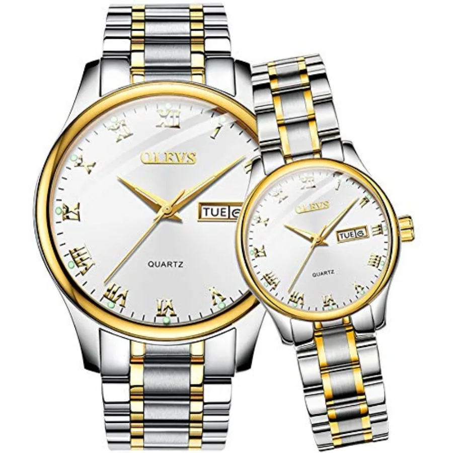

OLEVS Valentines Couple Pair Quartz Watches Lumius Calendar Date Window 3ATM Waterproof, Casual Stainless Steel His and Hers Wr
