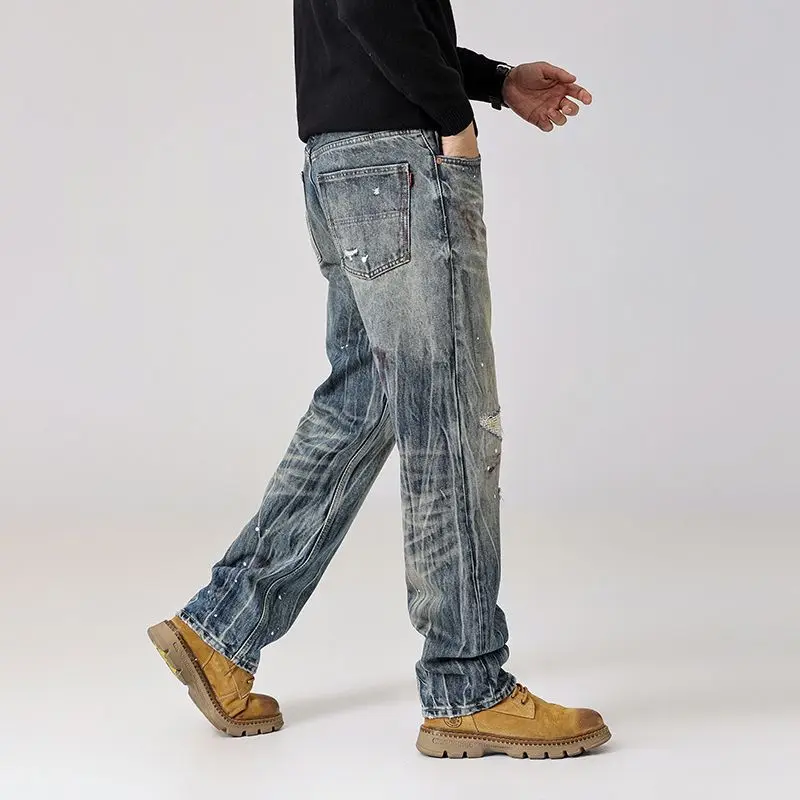 

Retro jeans men, high-end vintage design, streetwear, cool and trendy, scraped and ripped straight leg long pants