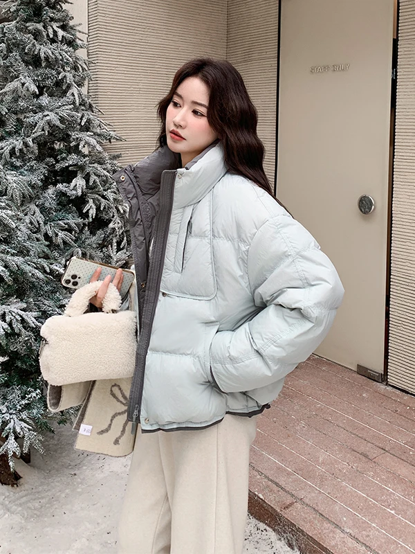 

Теплая белая пуховая куртка-пуховик для женщин, свободного кроя, с воротником-стойкой, зимнее пальто, повседневное, из экологичного полиэстера
