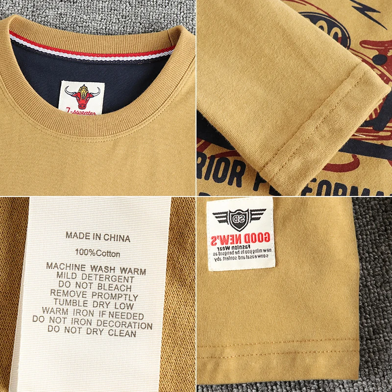 Personalized vintage motorcycle letter pattern long sleeve T-shirt men\'s wash woolen cotton comfortable all-match base shirt