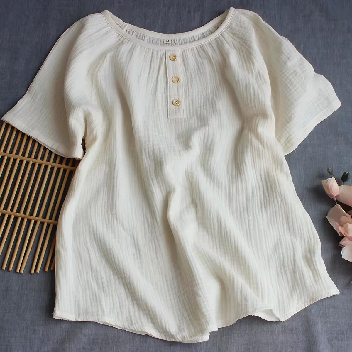 Blusa informal vintage de lino y algodón con botones para mujer, tallas grandes 5XL 6XL, top de primavera/verano, camisa de mezcla de lino.