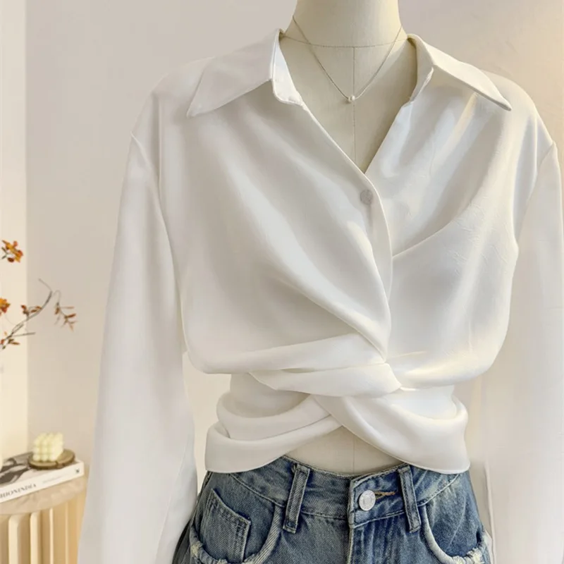 

Элегантная короткая женская рубашка без рукавов с завязками и длинным рукавом, белый весенний модный топ, универсальный стиль TT160