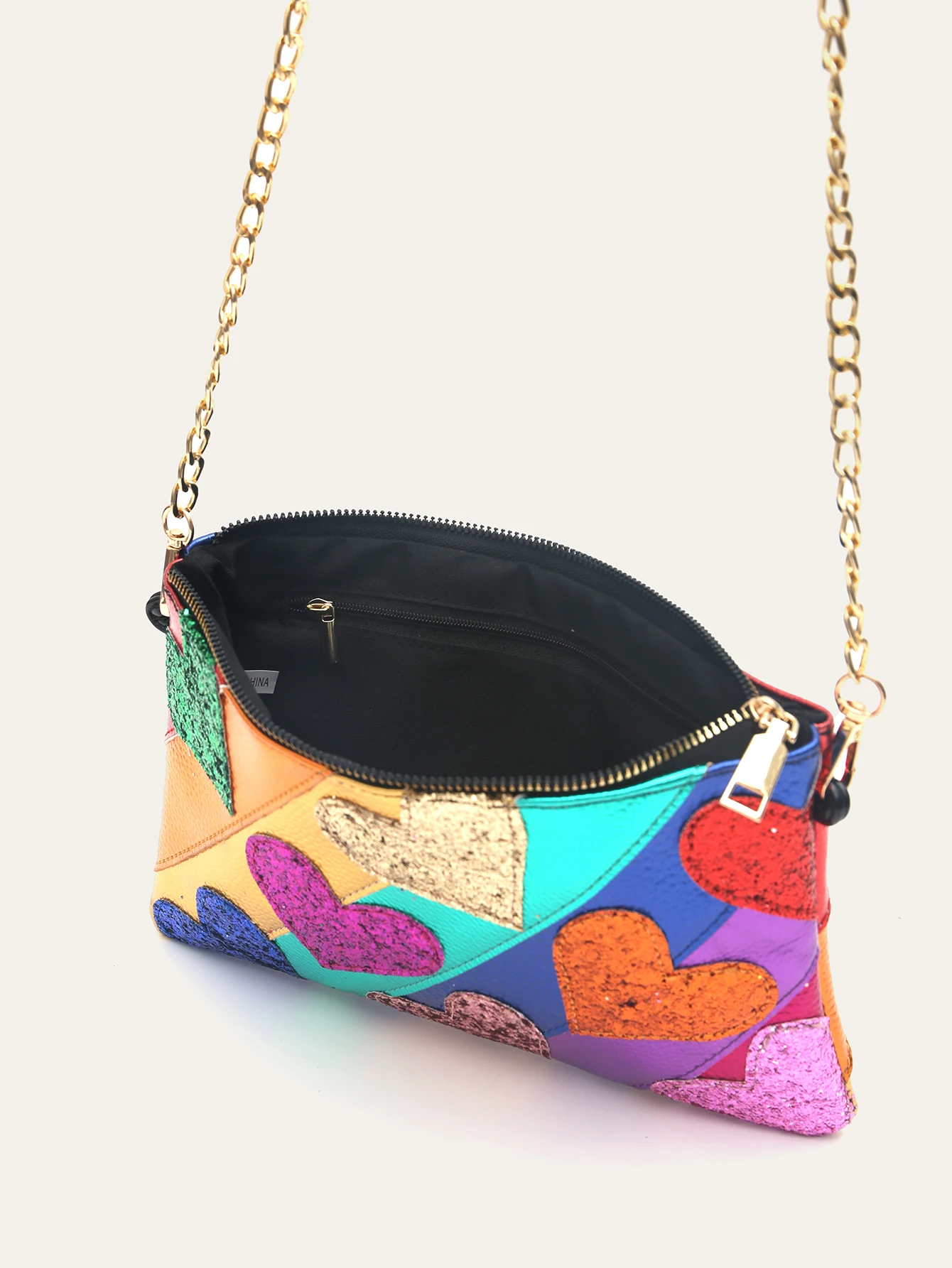 Women Fashionable Shiny Sequins PU Leather Patchwork Clutch Bag Colorful Heart shaped Applique Zip Handbag Long Chain Date Party