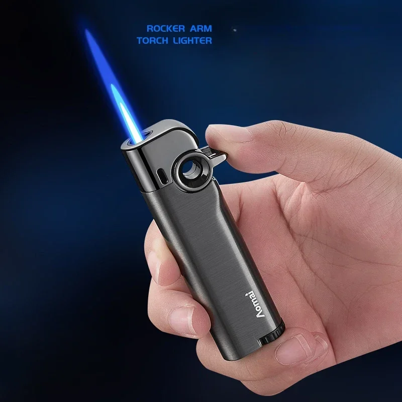 Compact Portable Rocker Arm Jet Blue Flame Buatane Lighter Metal Body Windproof Inflatable Cigarette Lighter Smoking Accessories