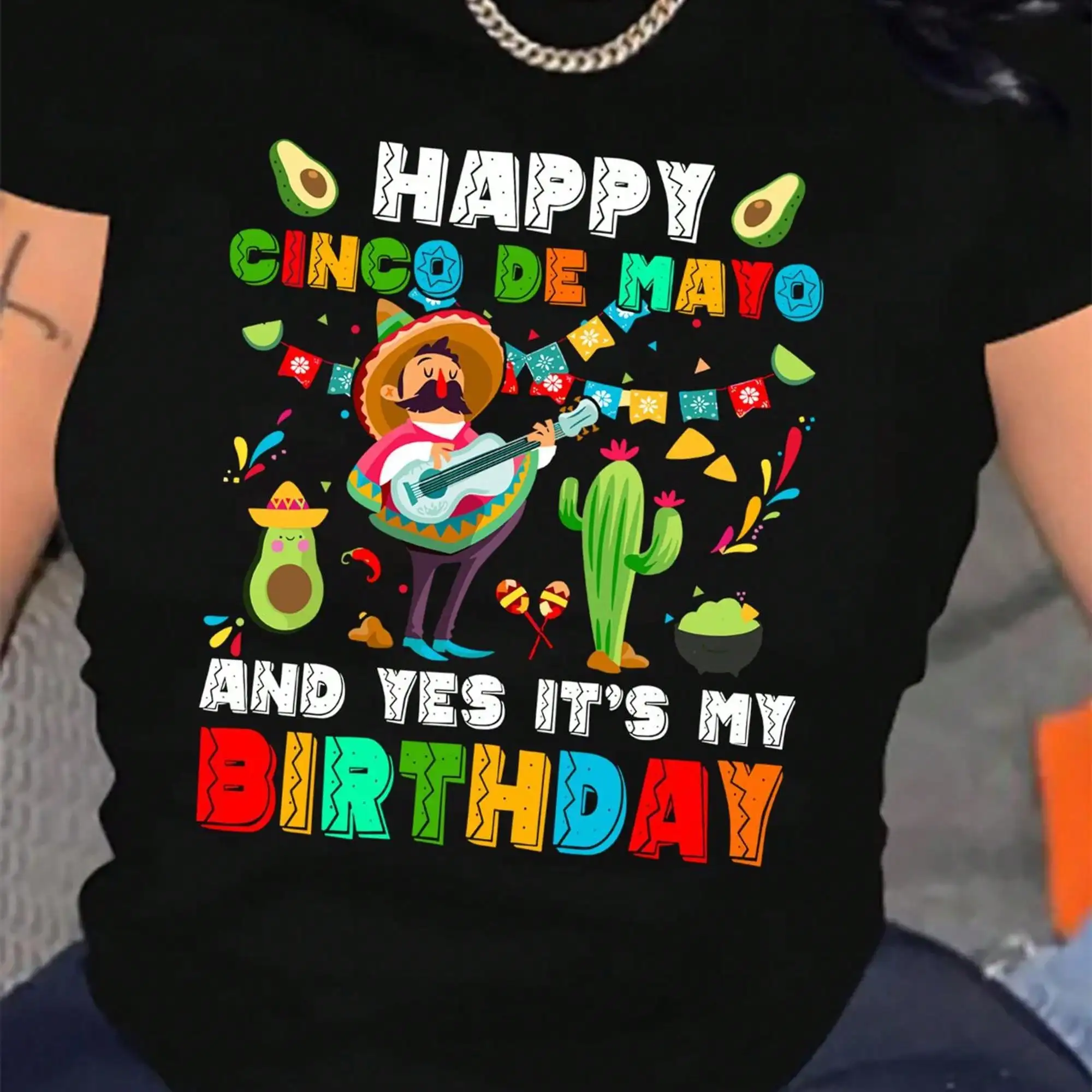 Women's Plus Size Mexican Fiesta T-Shirt - Happy Cinco De Mayo Graphic Tee With Marigolds, Sombreros & Piñatas, Casual Short Sleeve Round Neck Summer Party Outfit For Birthday Or Celebration Top