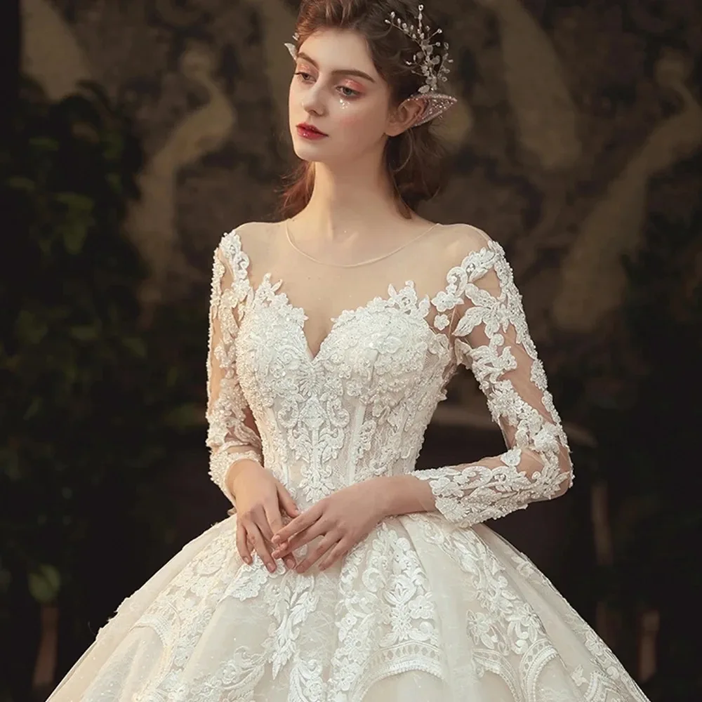 

Customized Illusion Long Sleeve princess Ball Gown Wedding Dress With Beading Pearls Appliques Lace Princesa Vestido De Noiva