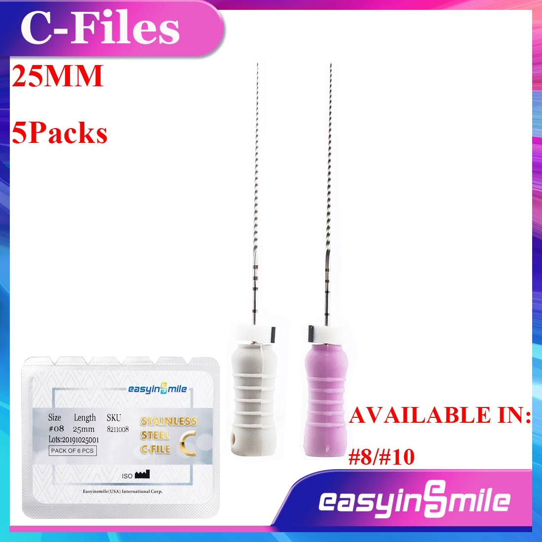 5Packs(6Pcs/Pack) Dental Endodontic Root Canal Endo Cathterization File 25MM Stainless Steel C-Files Tips #8-#10 For Dentistry