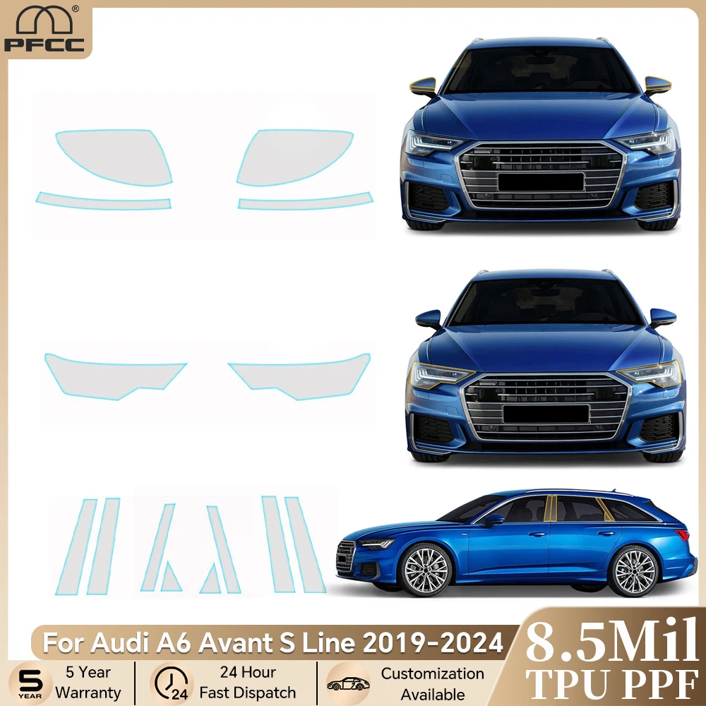 

For Audi A6 Avant S Line 2019-2024 Car Headlight Rearview B C Pillars TPU Paint Protection Film Pre-cut PPF Bra Kit Clear Cover