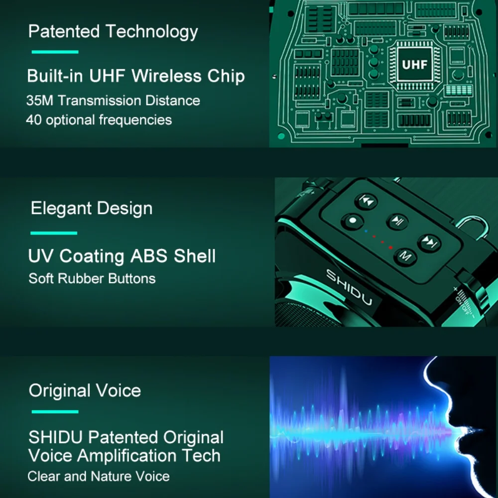 SHIDU S93 20 واط مضخم صوت لاسلكي محمول للمعلم مع ميكروفون UHF حزام مقاوم للماء DSP صوت سمّاعات بلوتوث