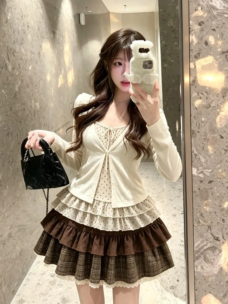 2026 Fall French Retro 3 Piece Matching Sets Women Casual Y2k Crop Top Mini Skirts American Vintage Japanese Daily Outfits