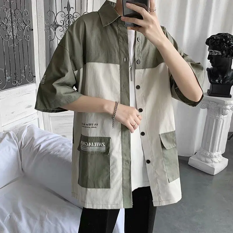 Elegant Fashion Shirts Loose Solid Patchwork Casual Turn-down Collar Short Sleeve Pockets Spring Summer Thin Men\'s Clothing 2023