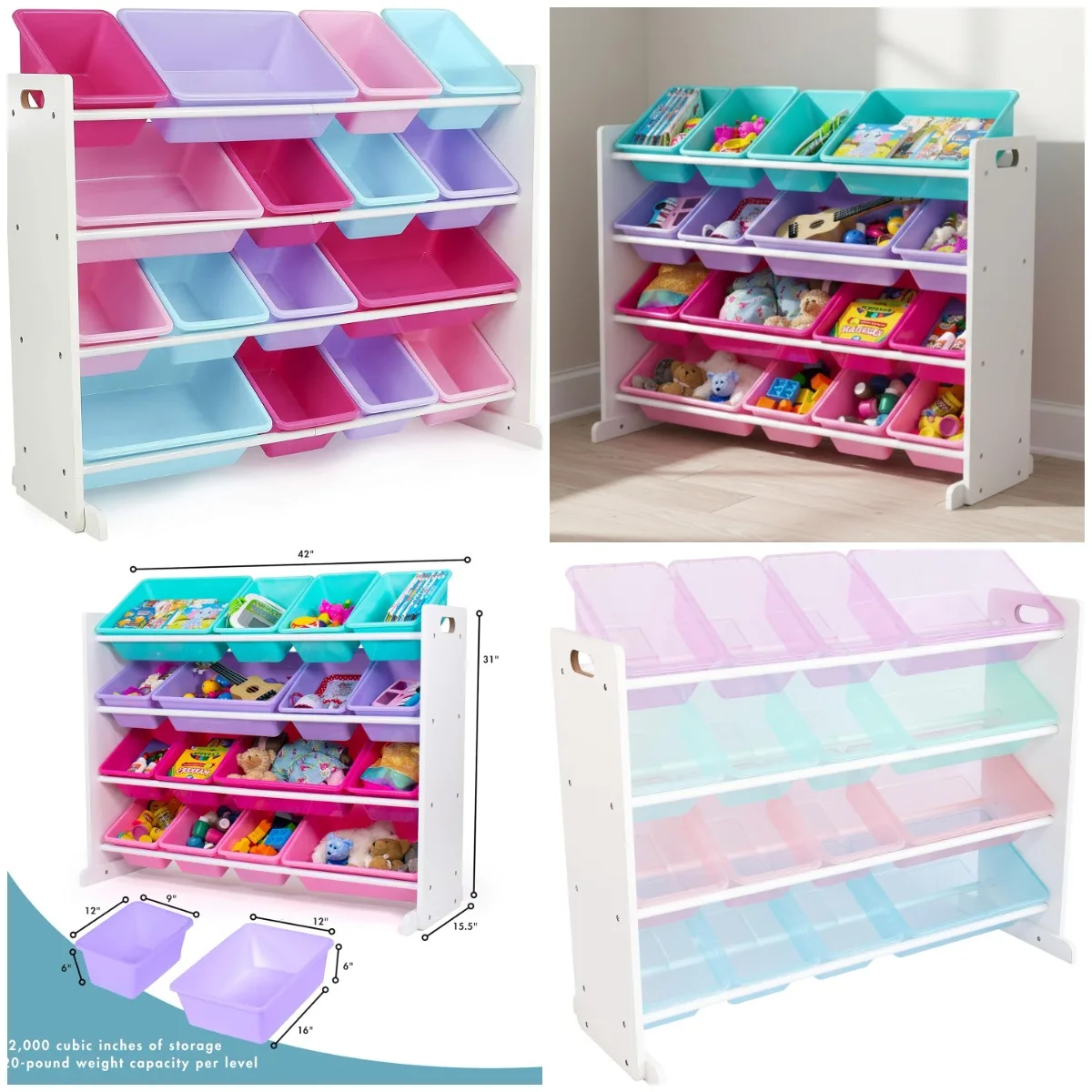 

Supersized Toy Storage Organizer with 16 Bins, White/Blue/Pink/Purple – Large Kids' Toy Storage for Toddlers, Playrooms, Nurseri