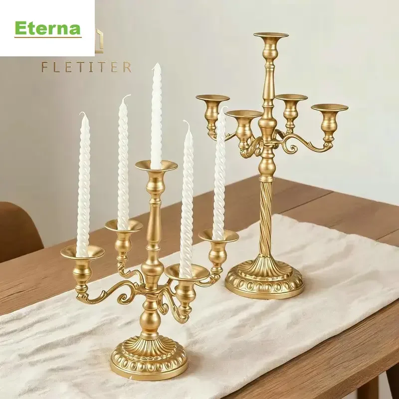 Vintage European Twisted Stem Candle Holder, Gold Iron Candelabra with Multiple Arms, Luxury Wedding Table Centerpiece Decor