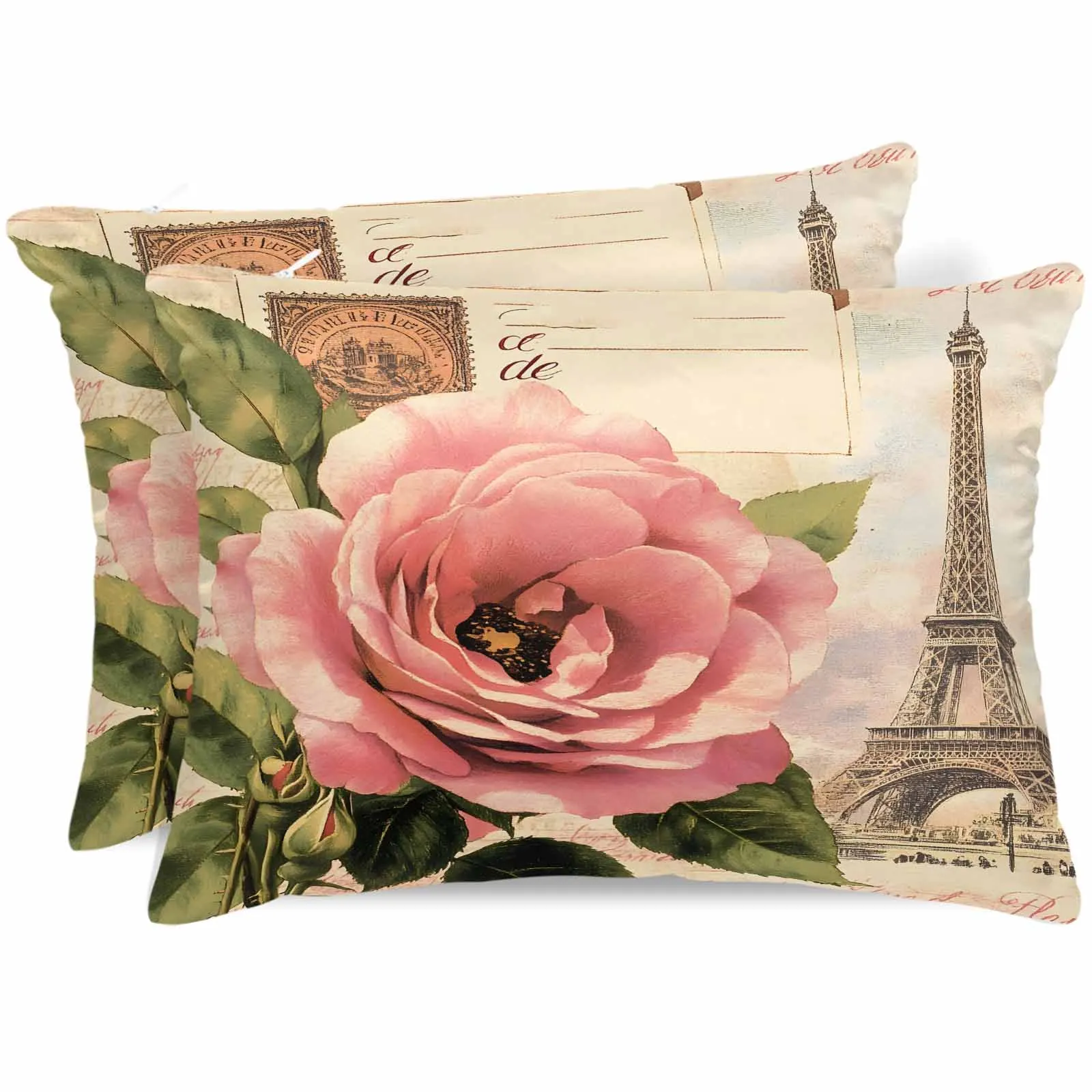 

Vintage Pink Flower Tower Bed Satin Pillowcase 2pcs Sofa Pillow Cover Case Bedroom Satin Cushion Covers Home Decor