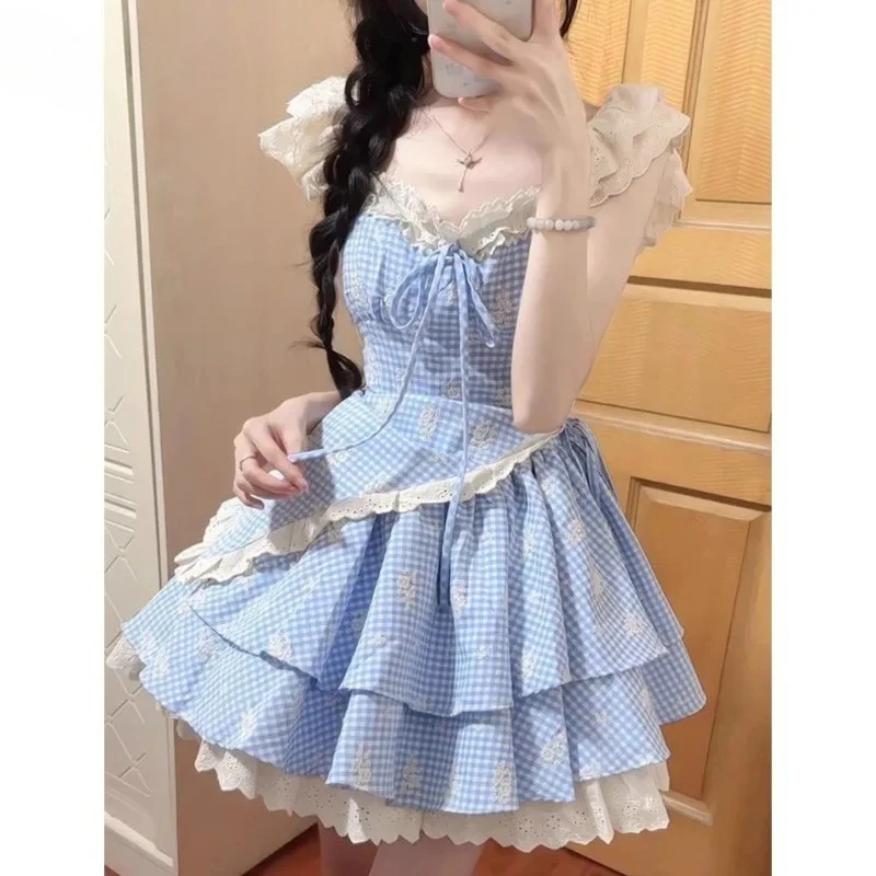 الأزرق منقوشة الدانتيل الأزهار الحمالة فستان قصير الصيف الحلو فتاة جميلة الأميرة عالية الخصر التخسيس كعكة توتو فساتين