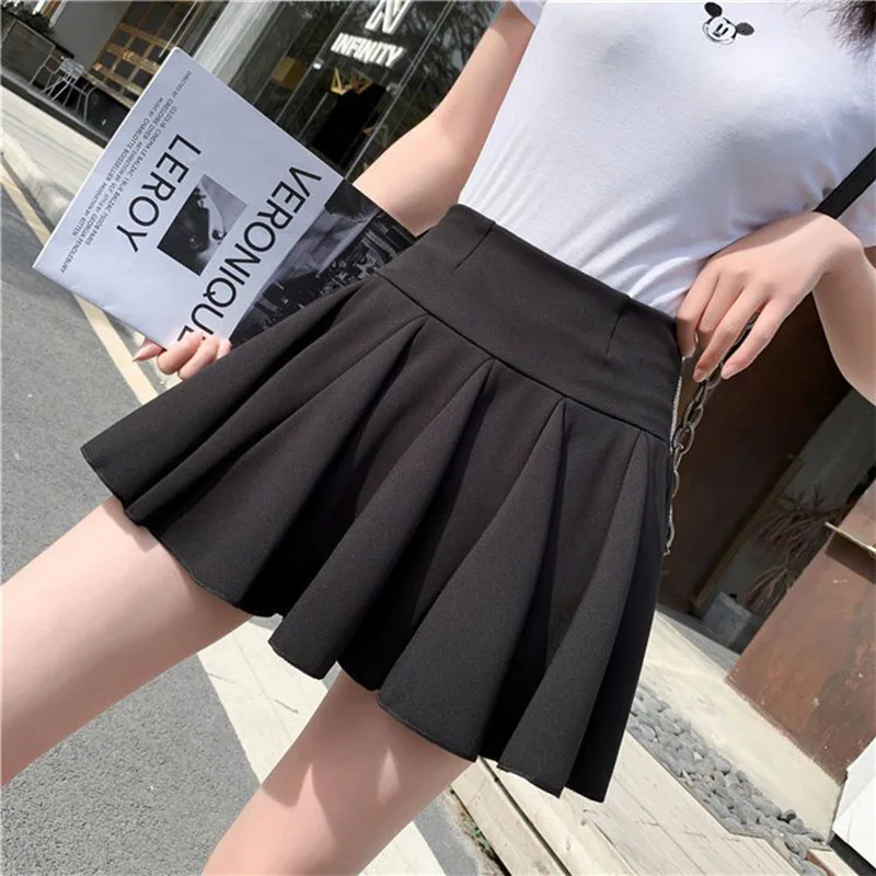 Spring Summer Women's Pleated Skirts High Waist Japanese Style Anti-Glare Mini Skirt Woman Elastic Waist Puffy A-Line Skirts