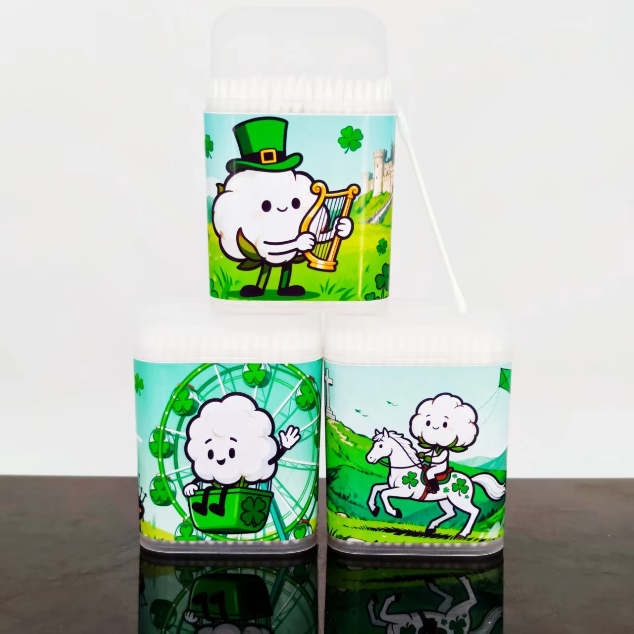 200 peças/400 peças cotonete de algodão com tema do dia de São Patrício cotonete de algodão branco de eixo fino cotonete de presente