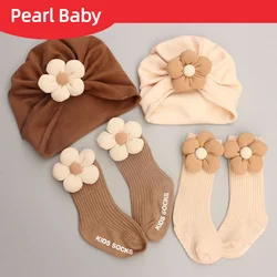 Ensemble chapeau et chaussettes à fleurs pour bébé, bonnet fœtal pour nouveau-né, mignon, mâle, femelle, automne, hiver, 0 à 12 mois