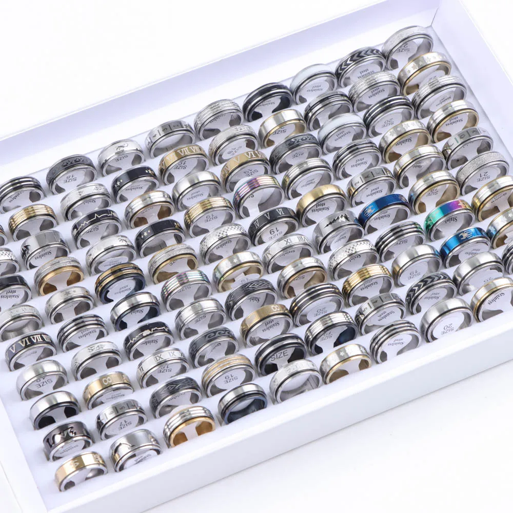 10/20/30/50Pcs/Lot Classic Trend Hollow Out Number Stripe Rotatable Stainless Steel Rings Mix Style Men Jewelry Gifts Wholesale