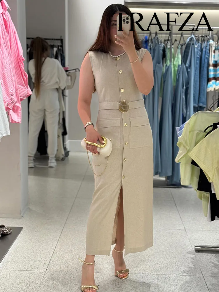 

TRAFZA Women Line Blend Crew Neck Sleeveless Barrel Pocket Decorative Midi Dress Female Elegant Casual Long Straight Slim Dress