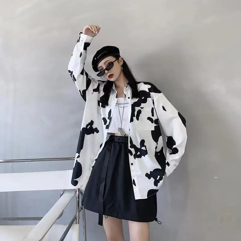 

DAYIFUN Women Blouse Summer Oversize Milk Cow Print Lapel Silk Shirts with Pocket Short Sleeve Casual Female Top Cardigan Blusas