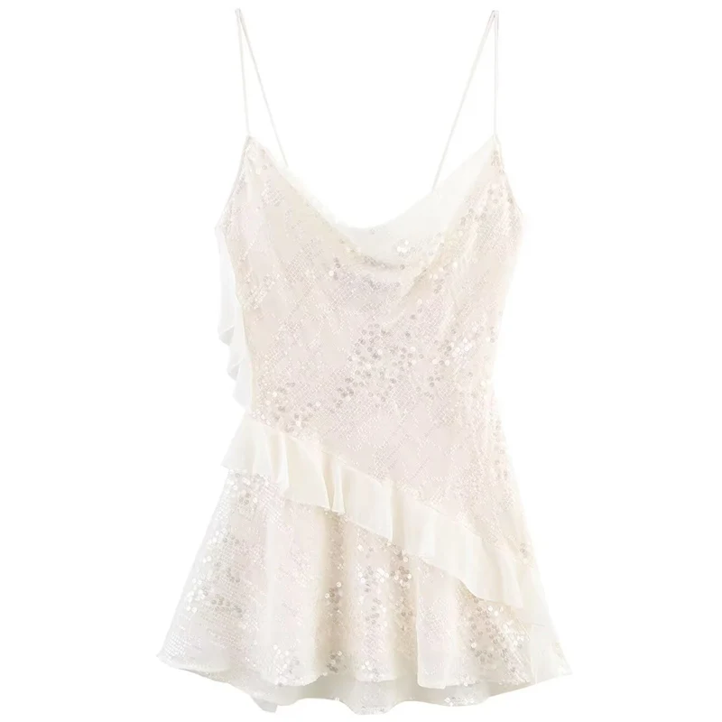 Hxao vestidos femininos em camadas lantejoulas deslizamento vestido verão 2025 sexy mini vestidos de noite brancos elegantes sem mangas sem costas