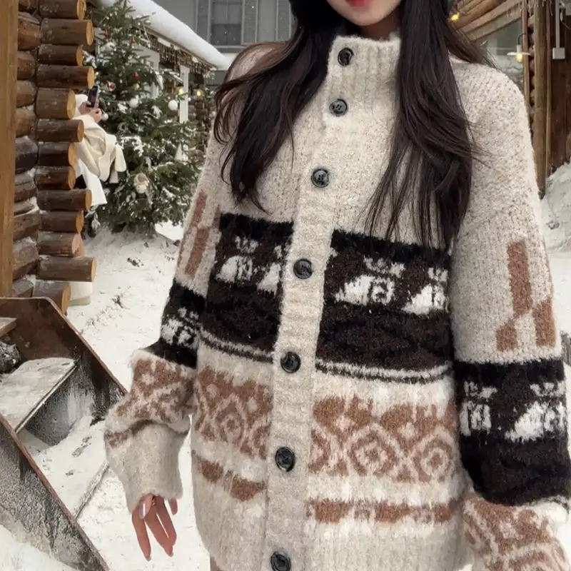 

Jacquard Stand Collar Knit Cardigan Women'S Autumn And Winter Lazy Loose Thick Coat Warm Coat