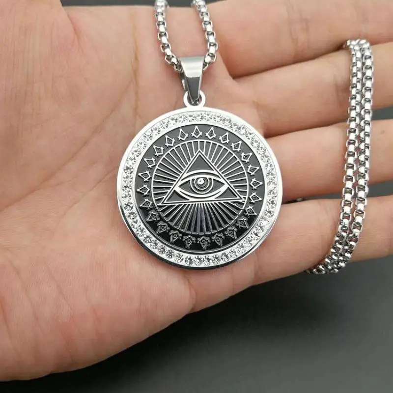 Masonic All Seeing Eye Necklace Inlaid with Shining Zircon Evil Eye Pendant for Men Personality Charm Amulet Jewelry