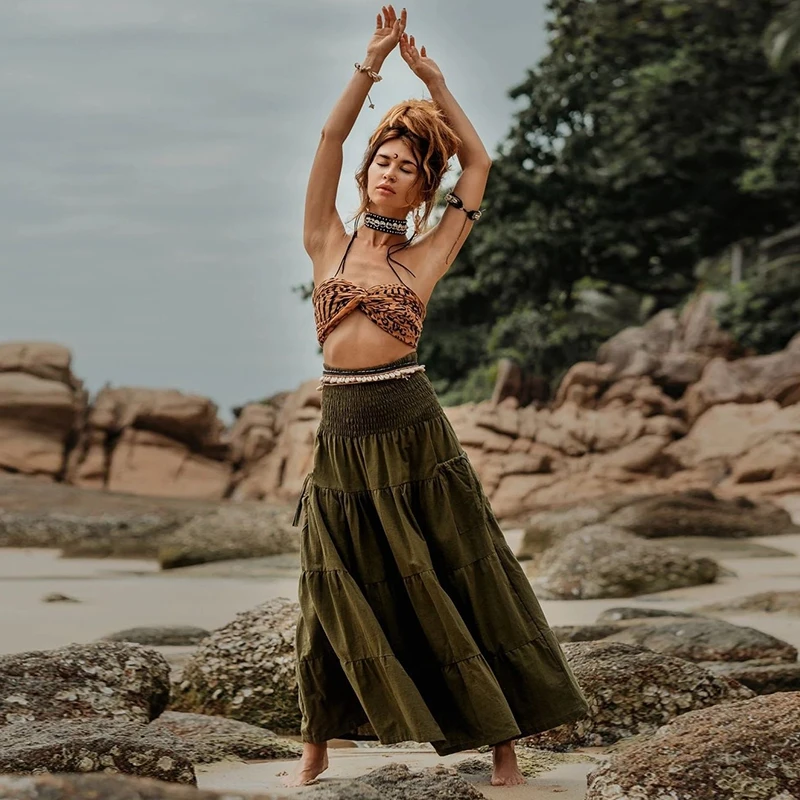Boho Forest Fairy Tiered A-Line Skirt Pockets Convertible Bustier Dress Women Vintage Hippie Gypsy Maxi Skirt Versatile Sarong