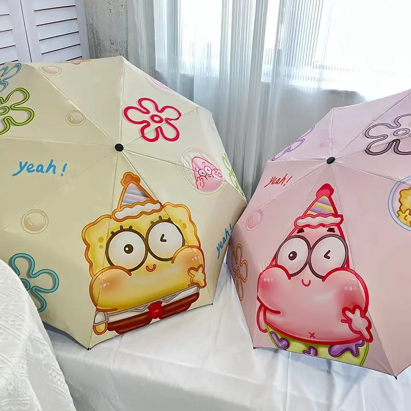 

Cute SpongeBob Auto Umbrella Black Jacquard Sun Rain Proof Healing Aesthetic Compact Lightweight Travel Parasol for Girls Gift