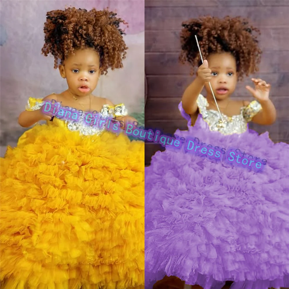 Luxury Quality Flower Girl Dress Yellow Tulle Fluffy Silver Applique Princess Little Baby Girls Birthday Party Evening Gowns