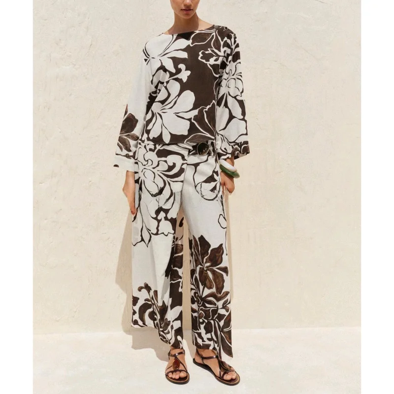 طقم ملابس نسائي عصري مطبوع عليه زهور برقبة دائرية وأكمام طويلة وواسع مع بنطلون طويل للخريف ملابس كاجوال للبالغين