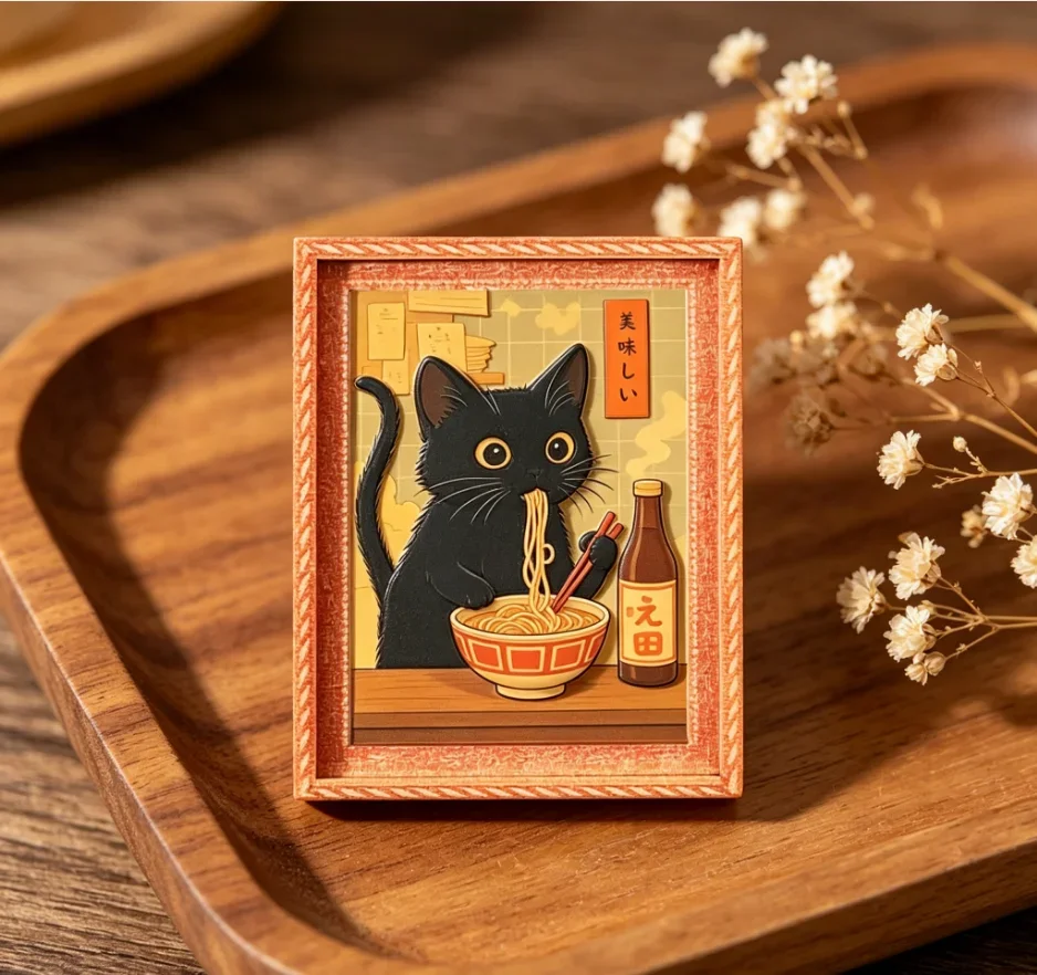Mini-Gerahmter Magnet mit Schwarzer Katze, die Ramen isst, Niedlicher Japanischer Katzen-Kühlschrankmagnet für Küche, Zuhause, Kühlschrank & Dekoration – Detail 3