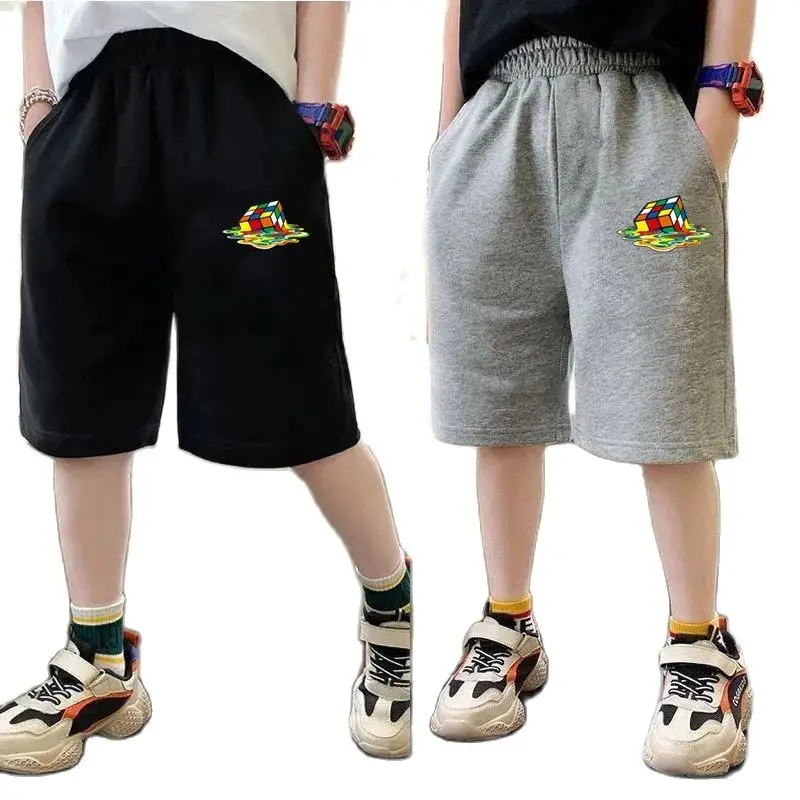 Boys Summer Cartoon Magic Cube Shorts Children Cotton Elastic Waist Knee Length Pants School Student Boys Short Sweatpants