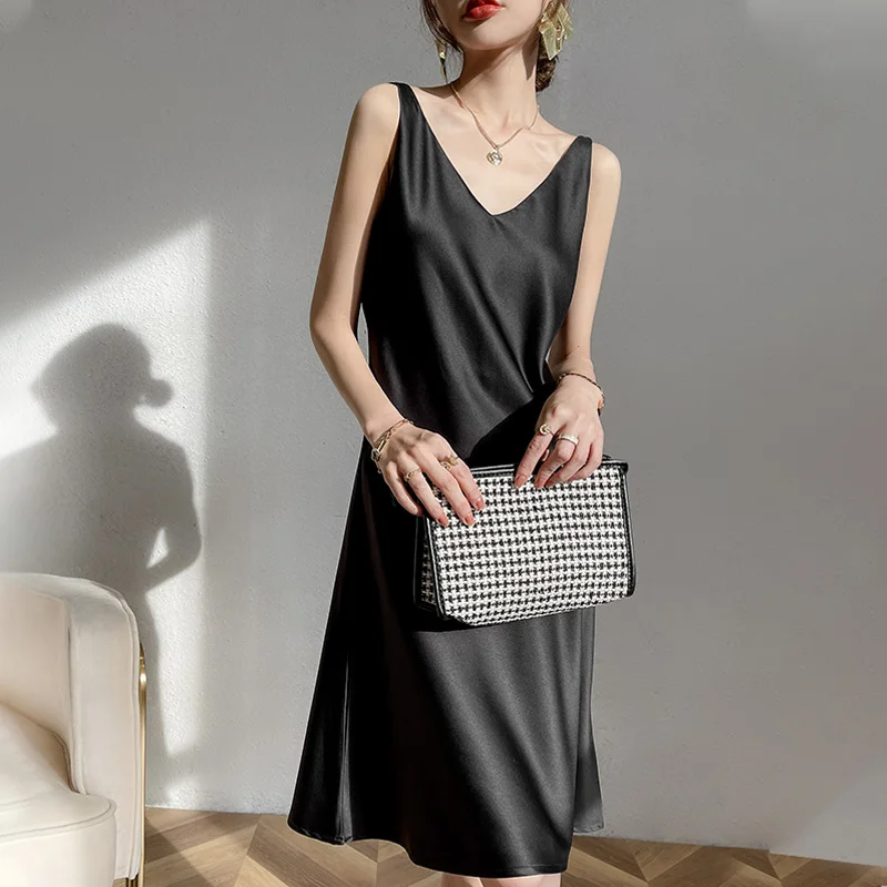 シルクアセテートサテン女性の Dr セクシーなスーツインナー春秋 V-ne シングルピースピュアカラー高品質官能的なスカート