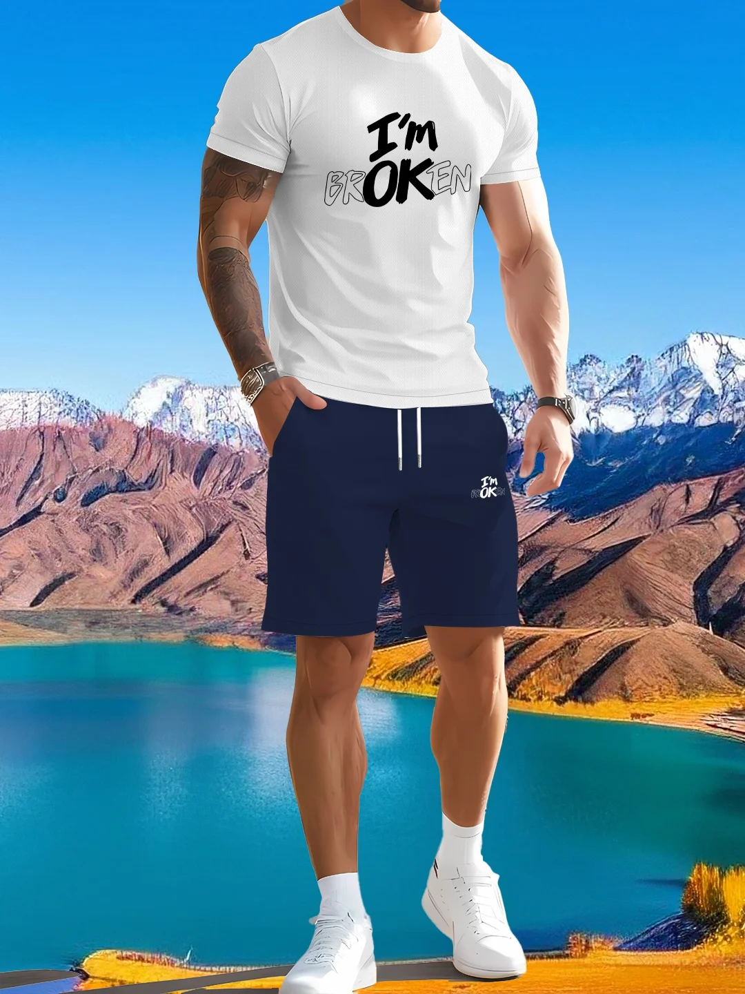 

New men's summer fashion two-piece set, soft knit with slight elasticity, round neck, elastic waistband, suitable for casual and