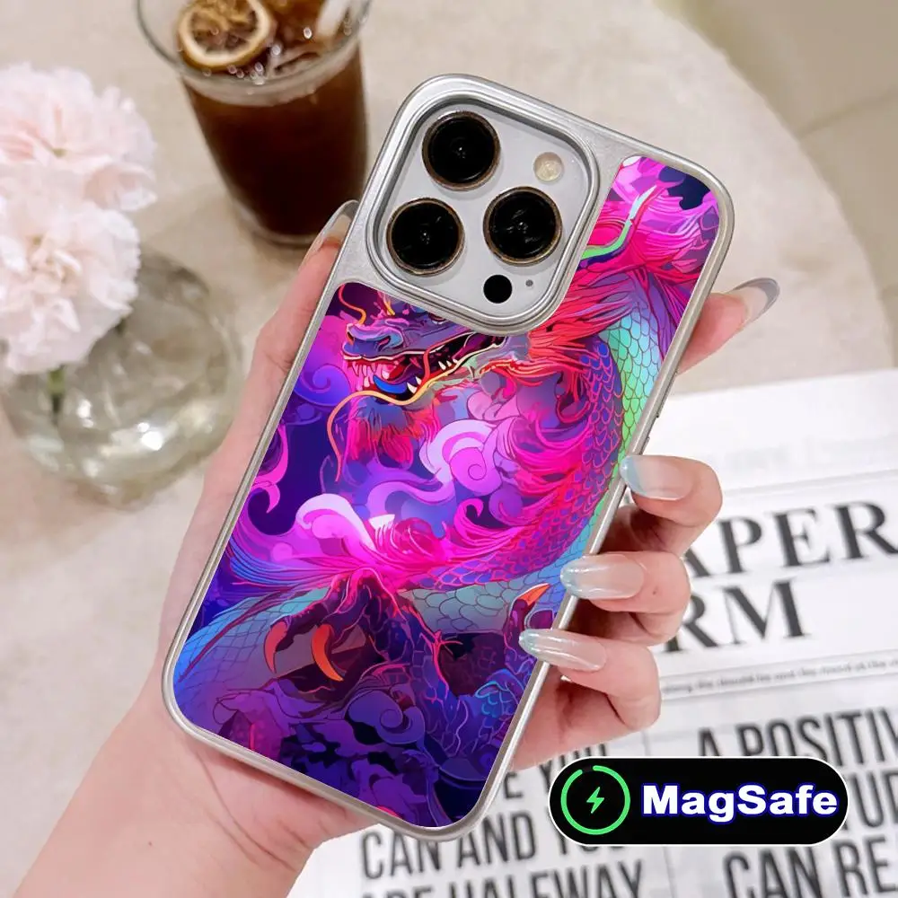

Чехол для телефона с китайскими драконами для iPhone 17 16 15 14 13 12 11 Air Pro Max Plus, с поддержкой MagSafe, серебристое покрытие, цветной дизайн