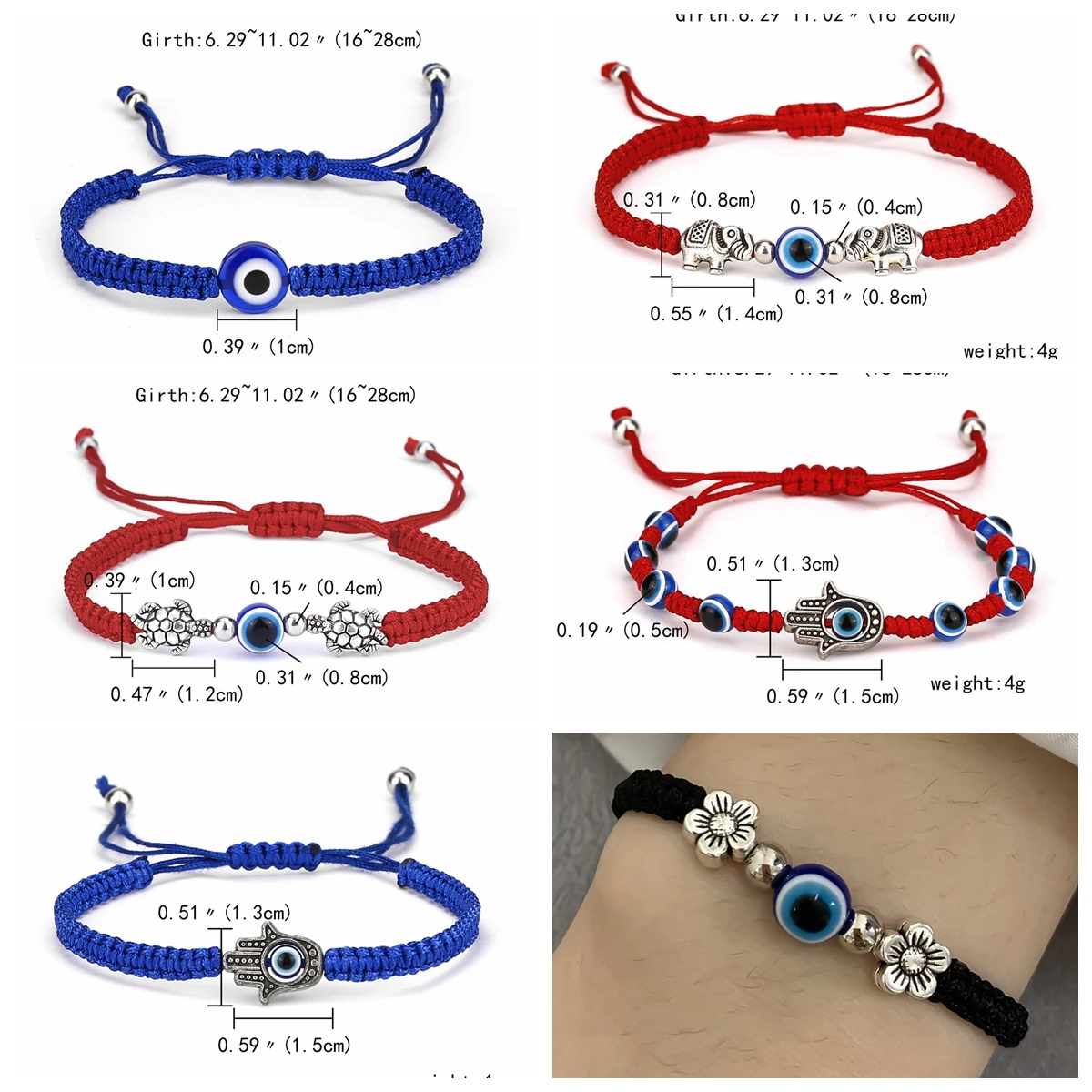 3PCS Evil Eye Bracelets Handmade Adjustable Protection Red Black Blue String Elephant Turtle Beaded Bangle Strand Set for Women